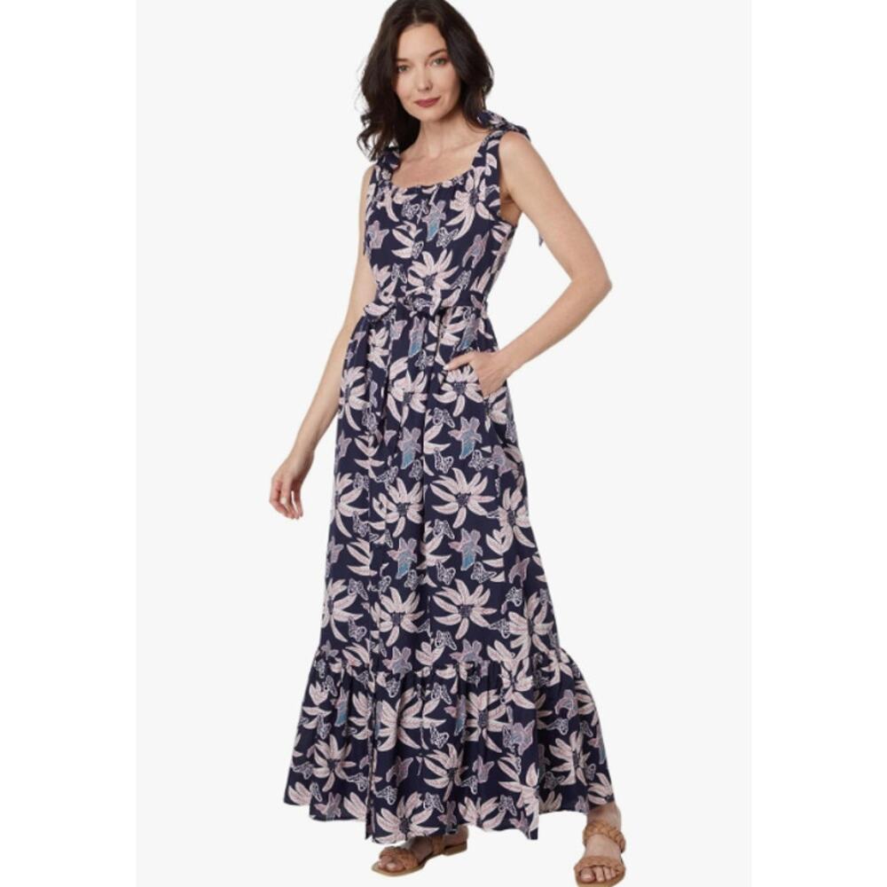 Outerknown LEIGHTON Maxi Dress Sleeveless Tiered Navy Catalina Floral M